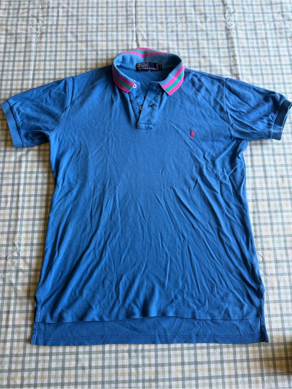 Polo by Ralph Lauren Blue Polo with Pink and Green Striped Collar
